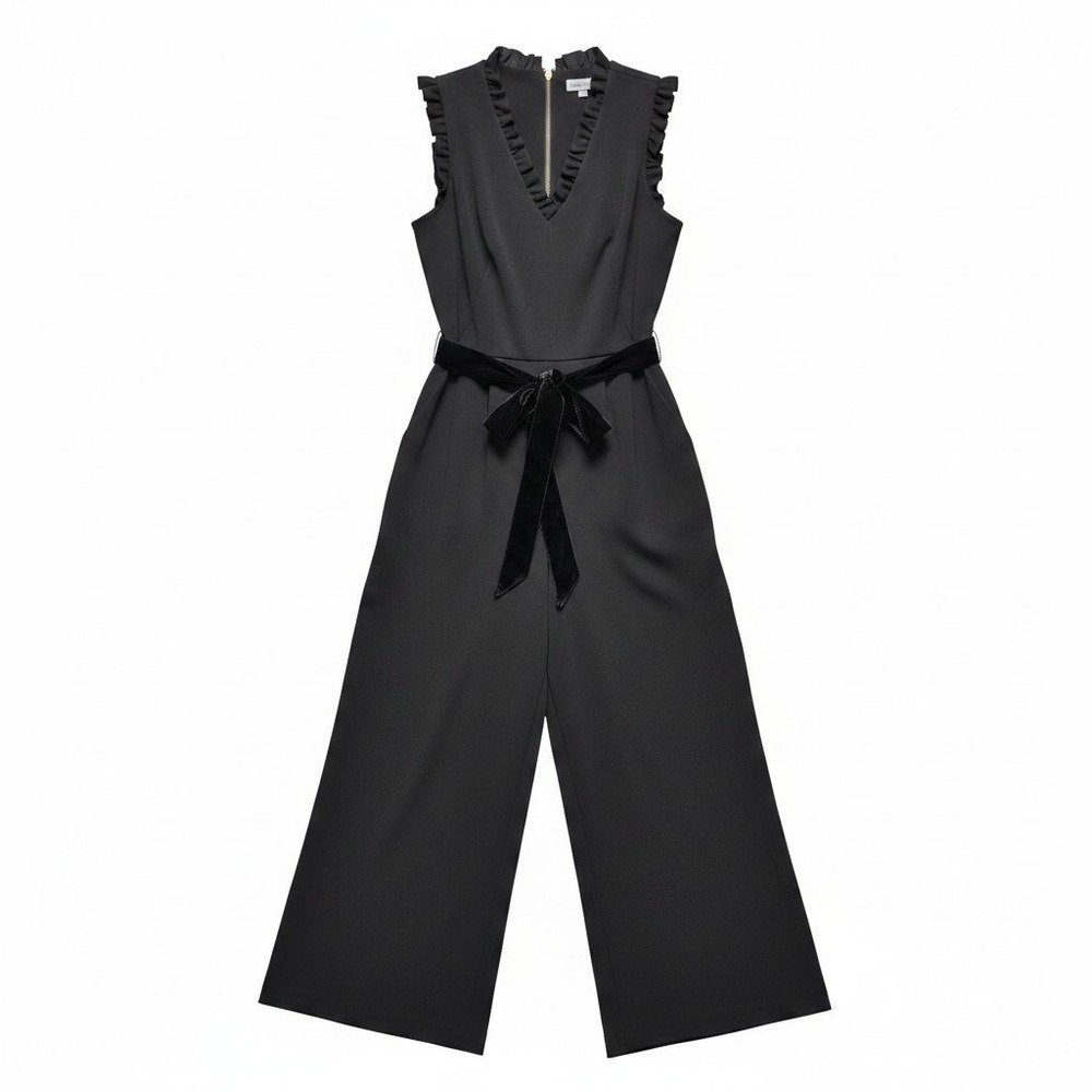 Jumpsuit Calvin Klein 6 Women Black Excellent Ruffle V-Neck Velvet Belt Wide Leg